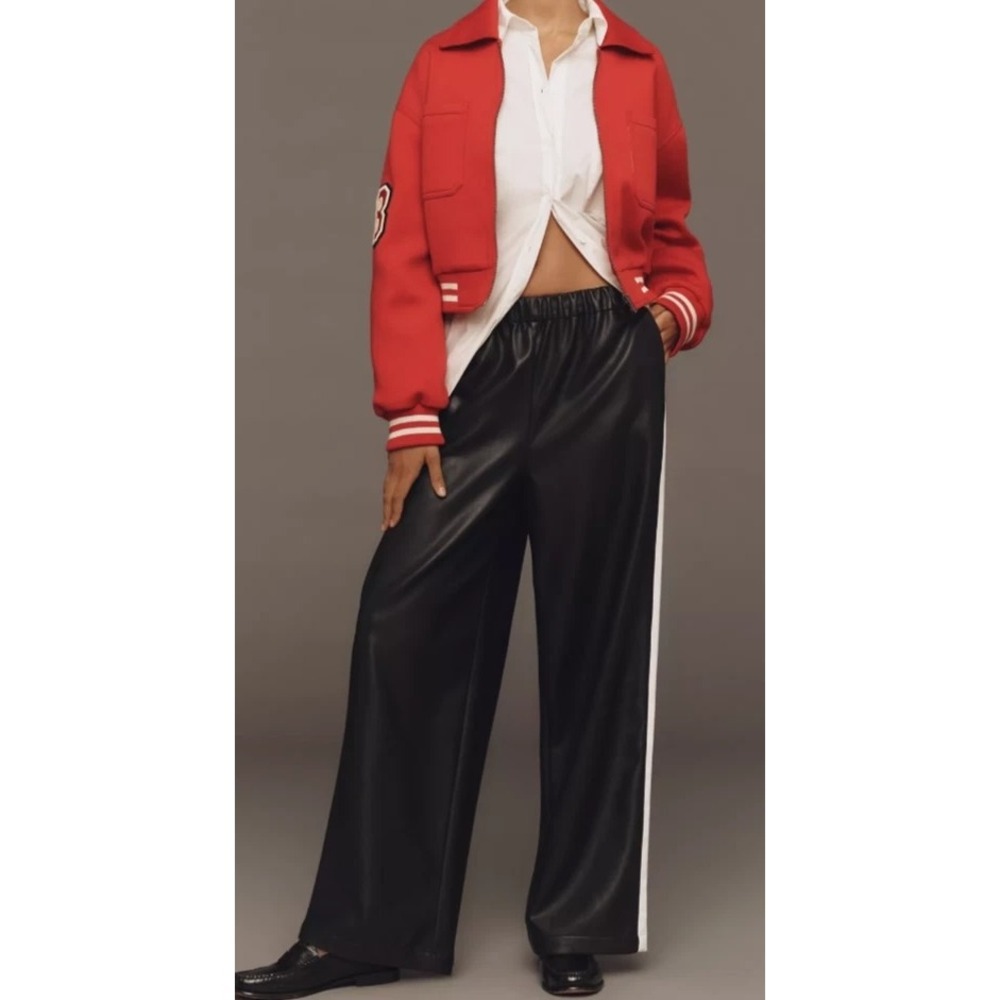 Maeve Anthropologie Faux Leather Track Pants Black White Side Stripe MT New